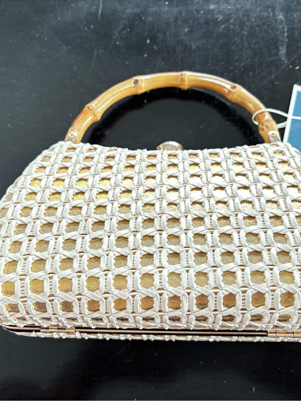 Tommy Bahama Woven White and Gold Bamboo Handle Evening Bag
